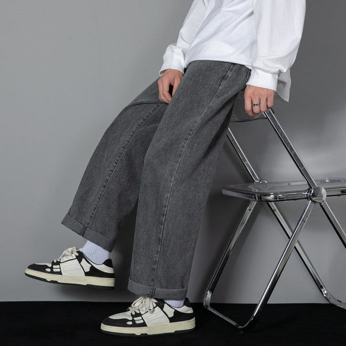 Korean Solid Colors Men's Casual Long Jeans Denim Wide-leg Pants